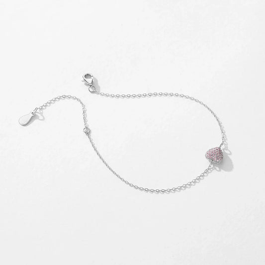 Bracelet Réglable Femme Cœur Zircon Rose Clair en Argent Sterling 925 - Maillons de Chaîne - Bijoux - Cadeau Romantique Anniversaire