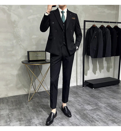 2025 High-quality Korean Version Slim-fit Business (Suit + Vest + Trousers) Striped Double-breasted Suit Three-piece Set