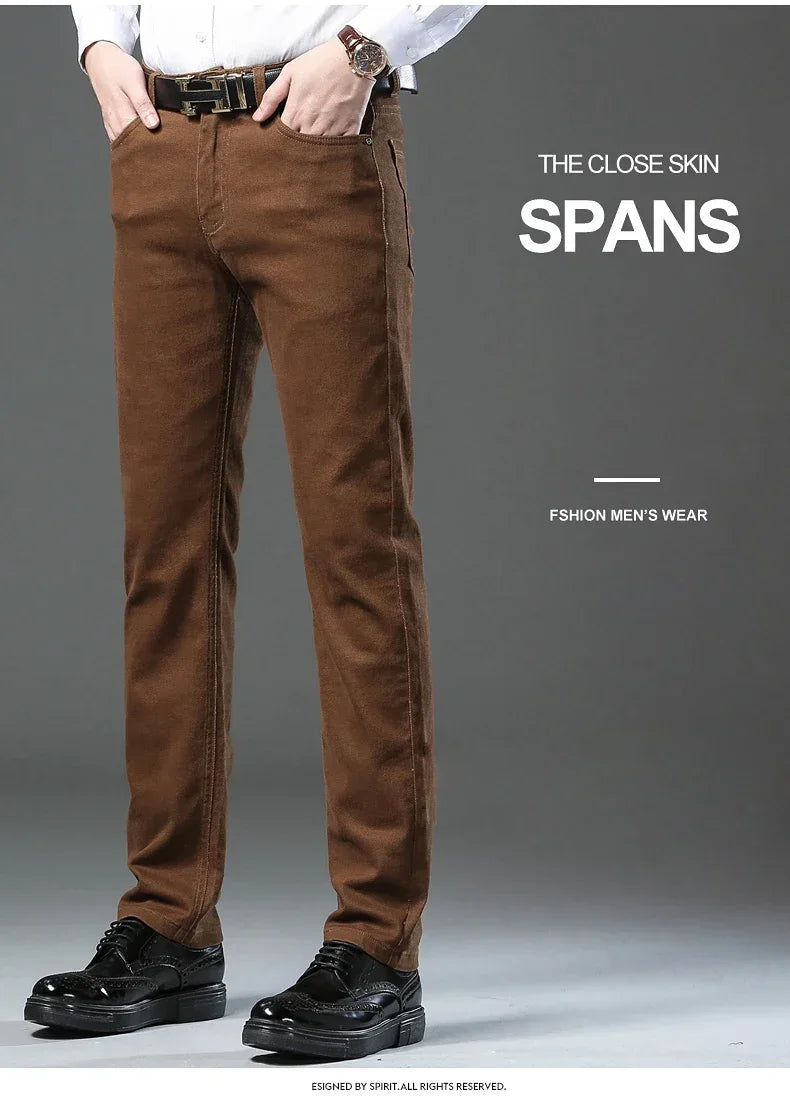 Spring Autumn Fashion Brown Business Casual Stretch Denim Pants Male Brand Trousers Men's Clothing Slim Jeans Plus Size 28-44