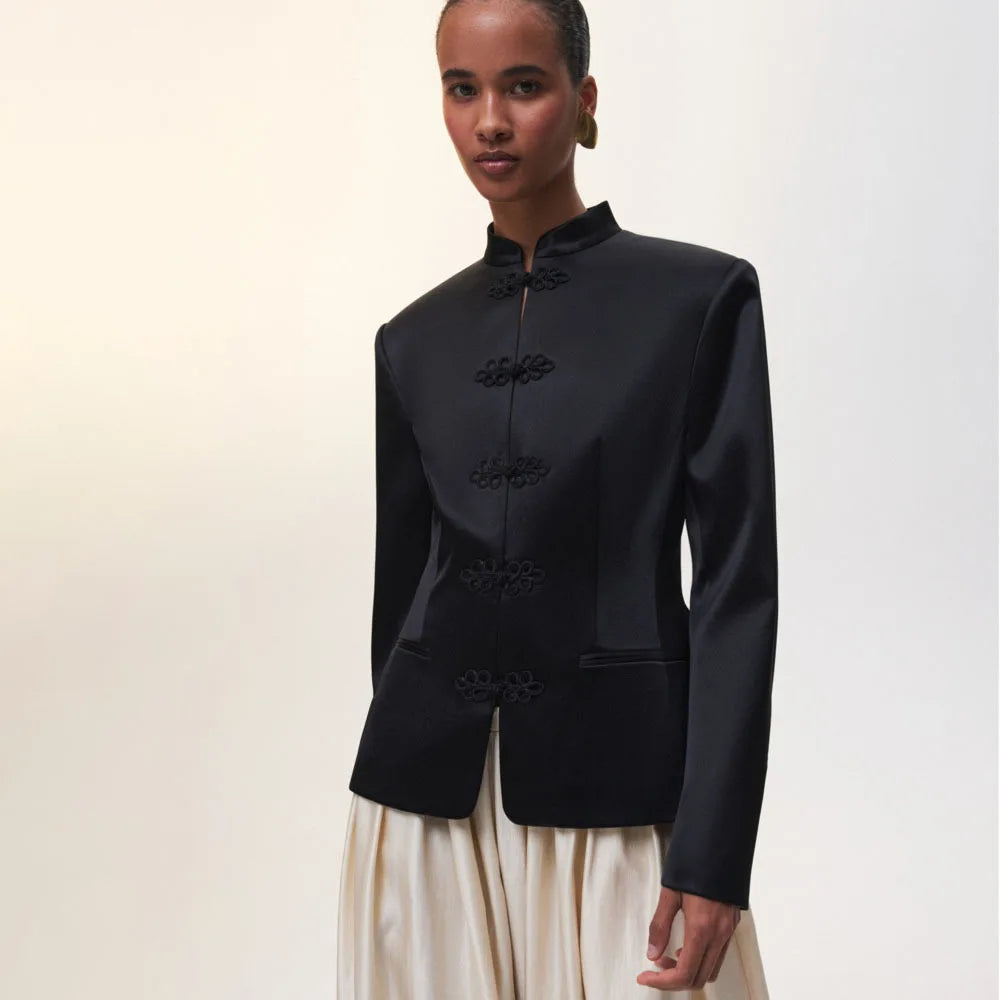 Women's Spring Summer Mandarin Collar Frog Button Cropped Chinese Style Blazer Casual 2026 Trendy Feminine Fashion Coat