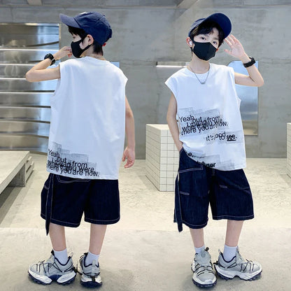 New Summer Children High Quality Cotton Clothing Set for Kids Boy Sleeveless Tshirt And Denim Shorts 2 Pieces Top Bottom Suit