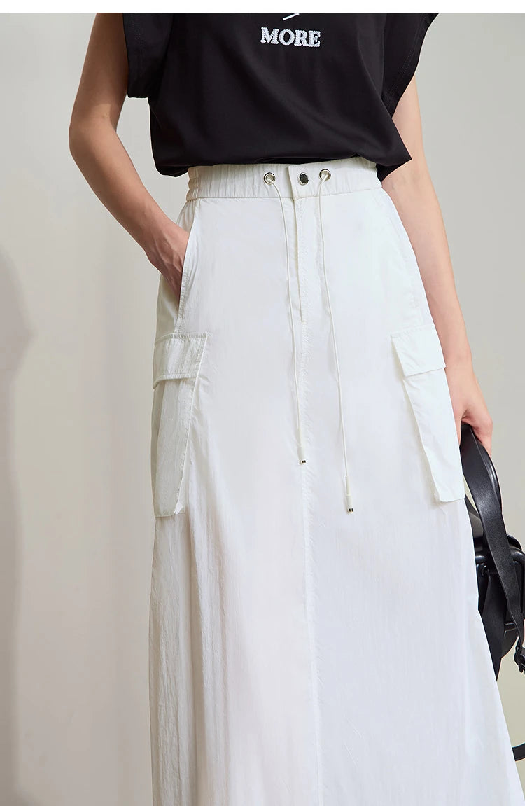Vacation Long Skirt 2025 Summer Women Loose Sun Protection Office Lady Solid Pockets Elastic Waist Cord Slit Skirt 12542106