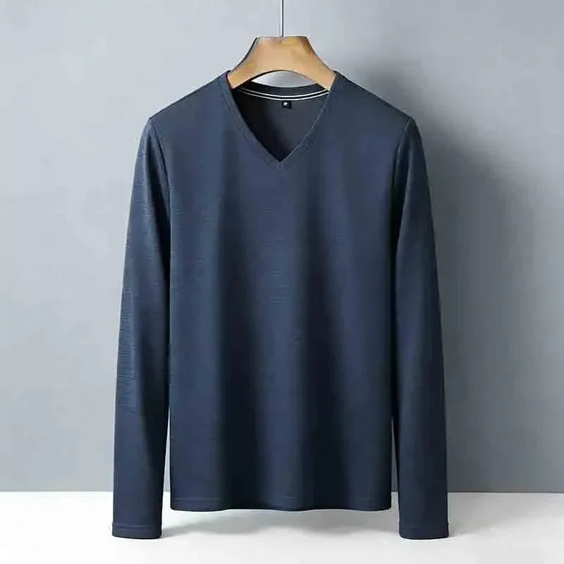 Minimalist Men's V-neck Long Sleeve T-shirt Soft Knitted Fabric Comfortable Top for All Seasons