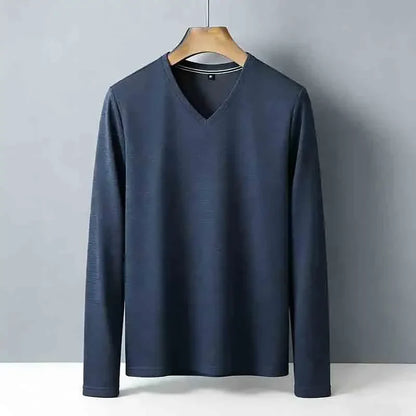Minimalist Men's V-neck Long Sleeve T-shirt Soft Knitted Fabric Comfortable Top for All Seasons