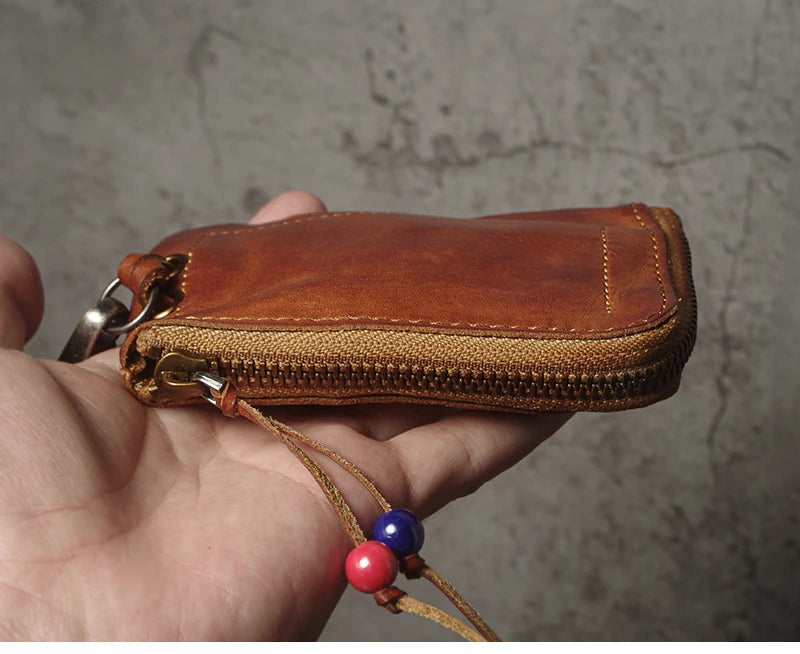 Top Cowhide Car Key Bags Men Women Vintage  Zipper Coin Purse Genuine Leather Wallet Card Holde ‌Housekeeper Home Organizer