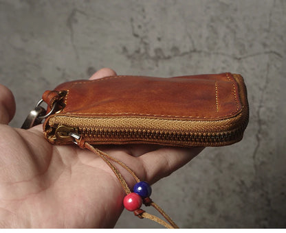 Top Cowhide Car Key Bags Men Women Vintage  Zipper Coin Purse Genuine Leather Wallet Card Holde ‌Housekeeper Home Organizer