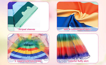 Girls Rainbow Striped T-Shirt Tutu Skirt With Cat Ears Headband Set Halloween Carnival Cosplay Costume Kids Birthday Clothing