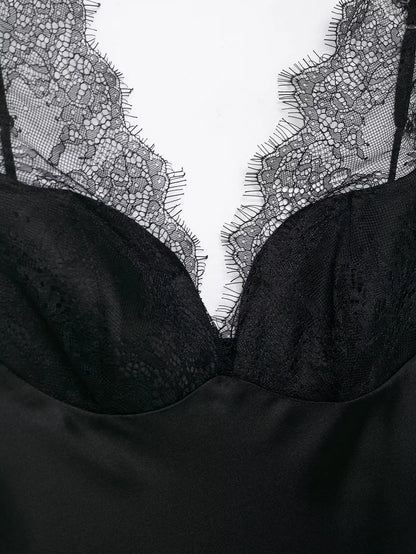 Elegant Women Lace Splice Sexy Satin Sling Tops 2026 Spring Summer Fashion Female V-Neck Backless Slimming Underwear Vest