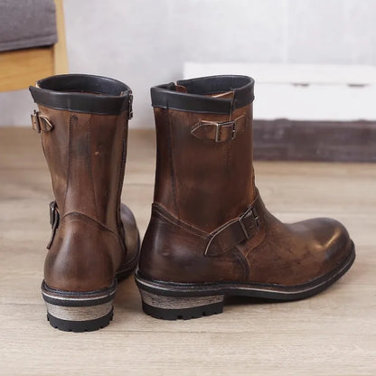 Vintage Mens Cowhide Genuine Leather High Top Engineer Boots Buckle Round Toe Motorcycle Riding Boots Zipper Work Safety Shoes