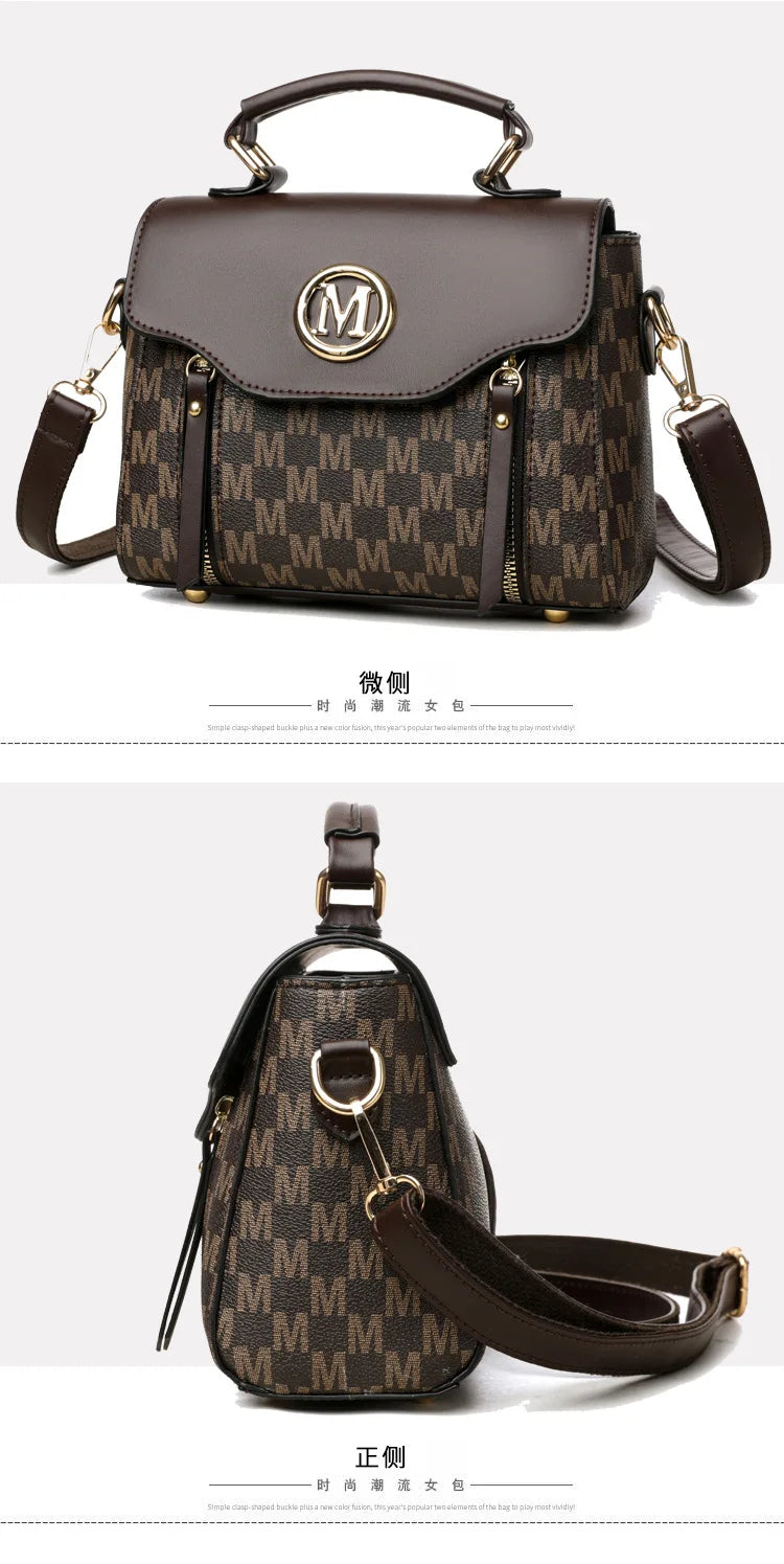 Vintage Women's Tote Bag Stylish PU Handbag Shoulder Bag with Golden Letter "M" Design Detachable Strap Perfect for Everyday Use