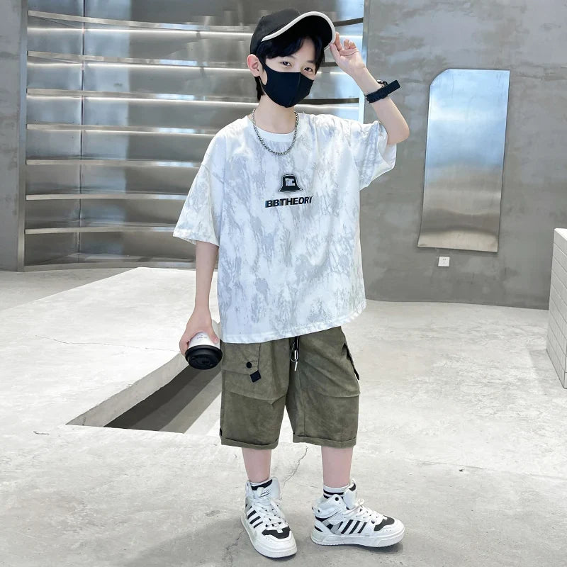 Child Summer Suit for Boy New Design Silver Sprinkles Print Cotton Top and Bottom Set Clothing 2 Piece Outfit For Kids Age 2-14Y