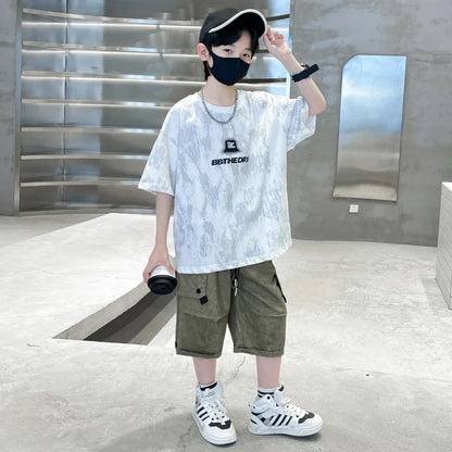 Child Summer Suit for Boy New Design Silver Sprinkles Print Cotton Top and Bottom Set Clothing 2 Piece Outfit For Kids Age 2-14Y