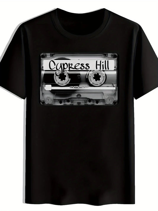 Men Vintage Rock Band Graphic T-Shirt "Cypress Hill" Print Black Polyester Crew Neck Short Sleeve Tee Casual Summer Top