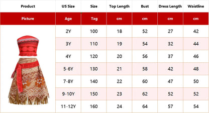 Girls Moana Princess Dress for Kids Carnival Cosplay Vaiana Costume Children Birthday Party Headwear Necklace Flower Clothes Set