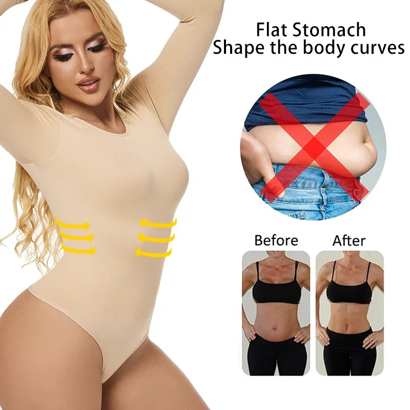 Women Full Body Shaper Long Sleeve Round Neck Shapewear Slimming Breathable Bodysuit Tummy Control Waist Trainer Corset