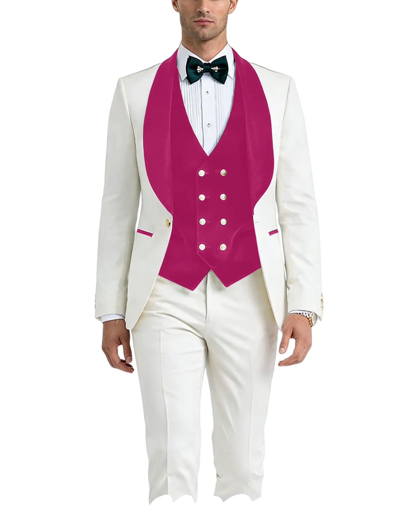 Men White Tuxedo Suit 3 Piece Shawl Lapel Slim Fit 1 Button Velvet Collar Patched Blazer Vest Pants Set for Wedding Party Groom