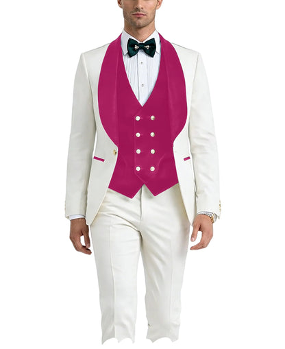 Men White Tuxedo Suit 3 Piece Shawl Lapel Slim Fit 1 Button Velvet Collar Patched Blazer Vest Pants Set for Wedding Party Groom