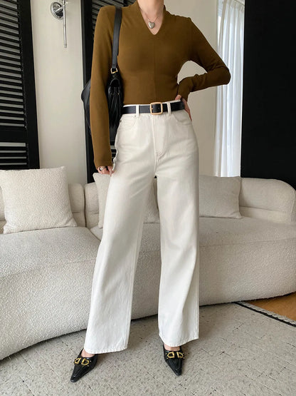 Spring women's fashionable and simple commuting temperament, high waist wide leg straight leg slimming jeans
