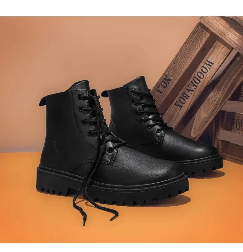 Men Shoes Autumn Anti Slip Waterproof High Top Black Lace Up Casual Leather Shoes Platform Boots Fashion Trend Motorcycle Boots