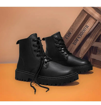 Men Shoes Autumn Anti Slip Waterproof High Top Black Lace Up Casual Leather Shoes Platform Boots Fashion Trend Motorcycle Boots