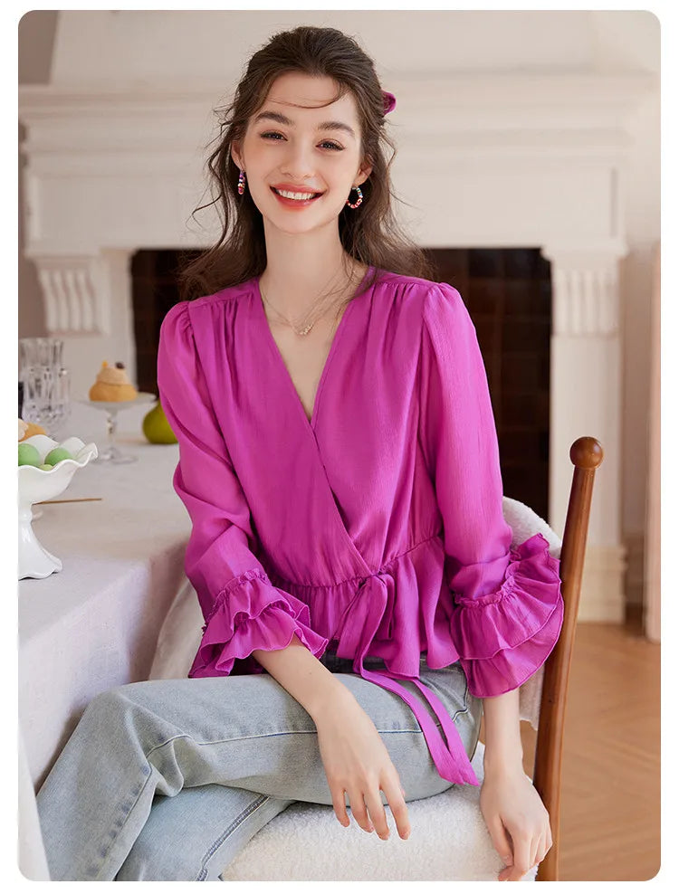 Long Sleeved Women's Shirt 2025 Spring/Summer V-neck Multi-layer Ruffled Cuffs and A Patchwork Hem Splicing Shirt