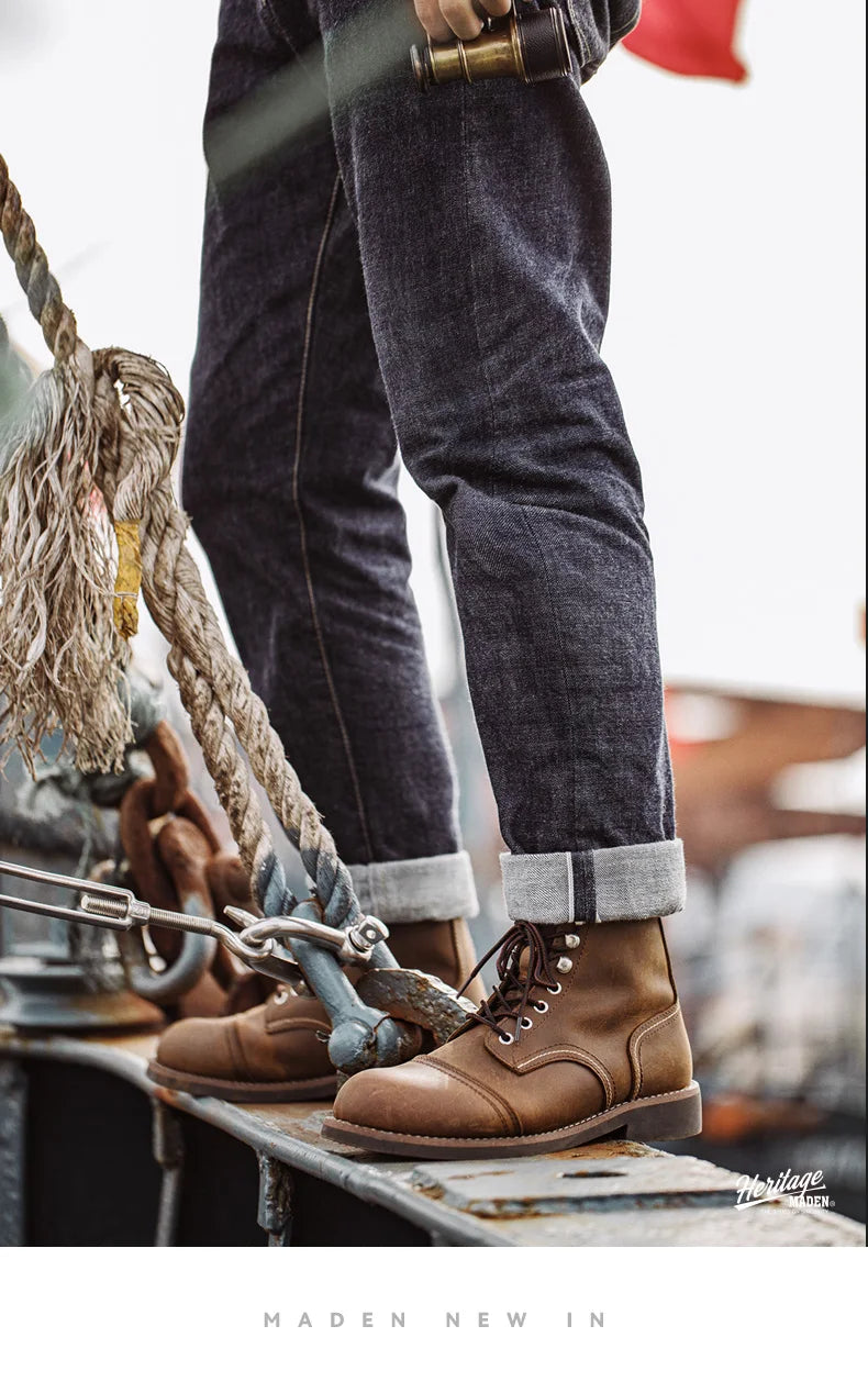 Full-Grain Leather 8111 Ankle Boots Retro Genuine Leather Paratrooper Motorcycle Boots for Men's Fall Winter Casual Shoes