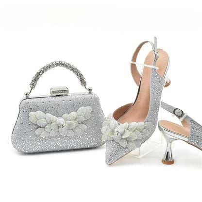 Luxury Italian Shoes and Bag Set for Women Wedding Pointed Toe Women's Pumps High Heel Rhinestones Party Ladies Shoe and Bag Set