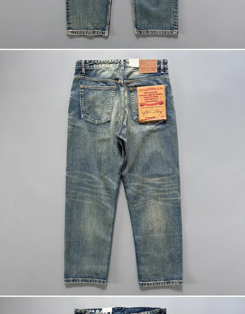 13.5oz Men's Japanese Indigo Blue Selvedge Straight Leg Denim Jeans for Men Artisan Vintage Spring Washed with Raw Hem Detailing