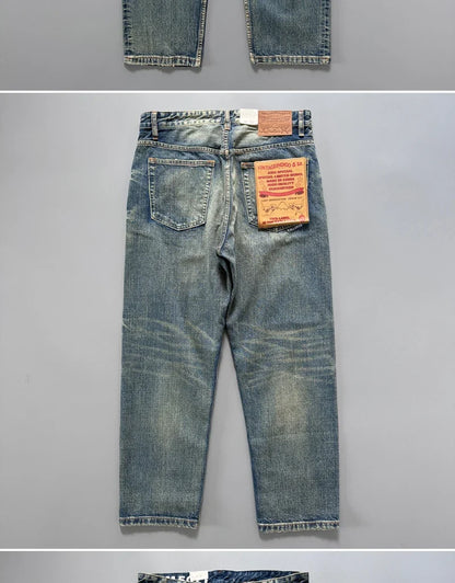 13.5oz Men's Japanese Indigo Blue Selvedge Straight Leg Denim Jeans for Men Artisan Vintage Spring Washed with Raw Hem Detailing