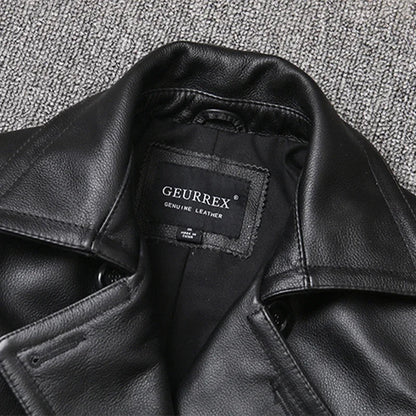 Genuine Leather Jacket Men's Top Layer Cowhide Jacket Mid-Length Men's Lapel Windbreaker Slim-Fit Jacket Double-Breasted
