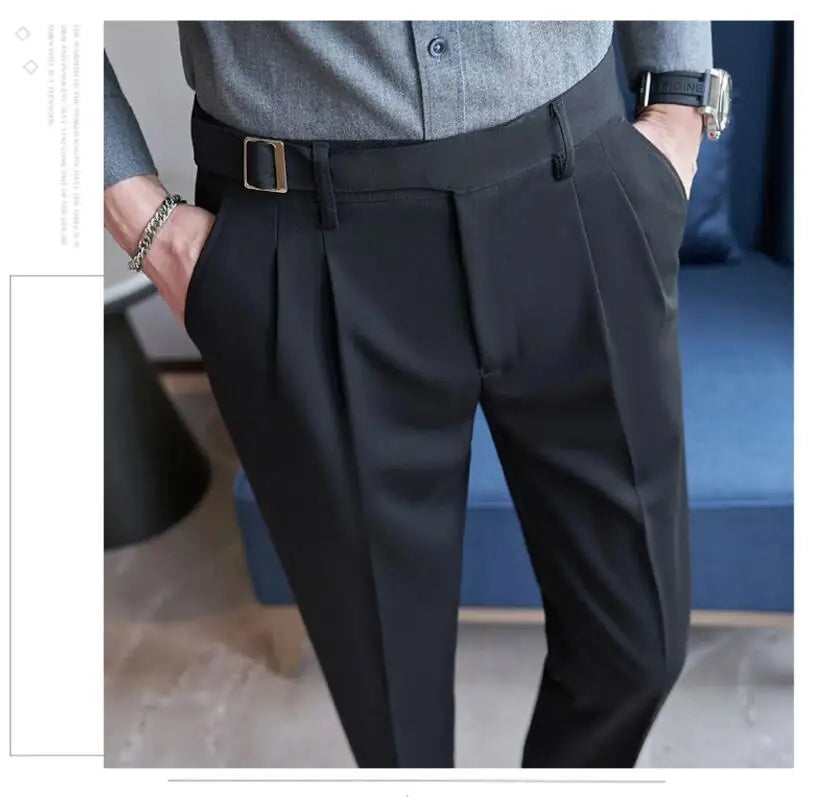 Pure Color Male Business Wedding Dress Pants Fashion Unique Design Men Waist Adjustable Suit Pant No Belt Slim Trousers Homme