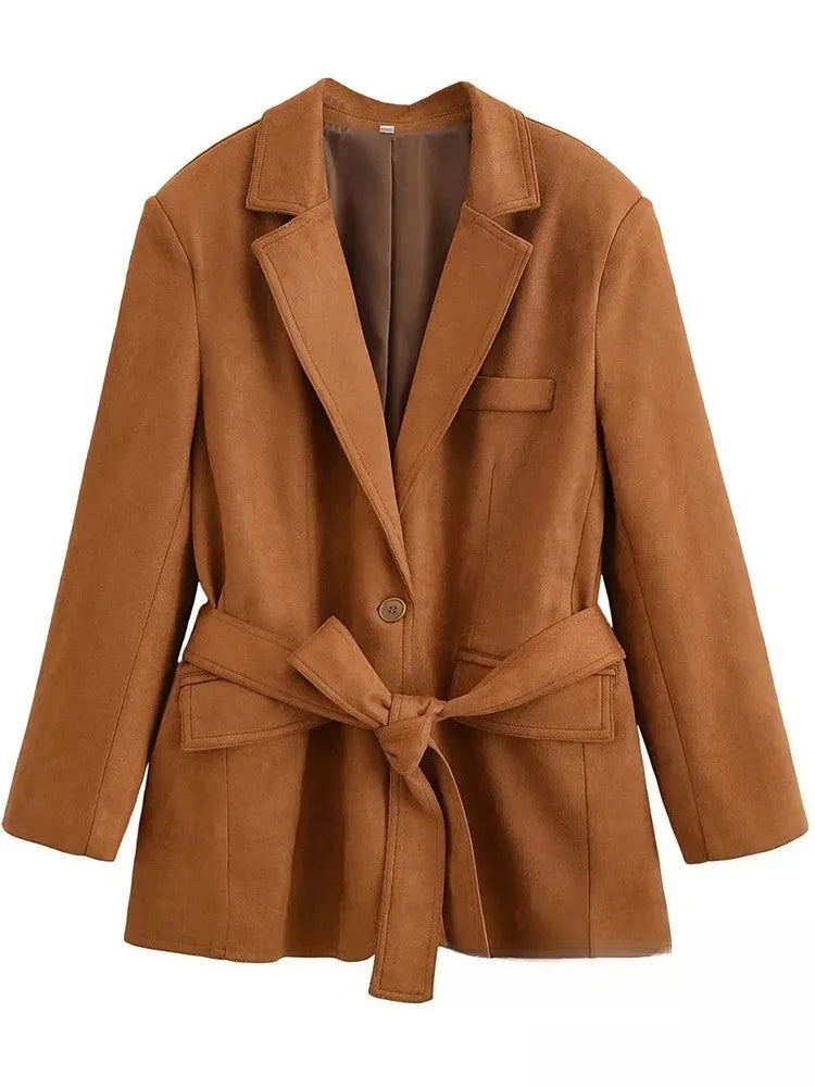 Office Lady Suede Blazer V Neck Sashes Long Pockets Blazer Fashion 2025 Fall Streetwear Outwear Winter Thick Coats