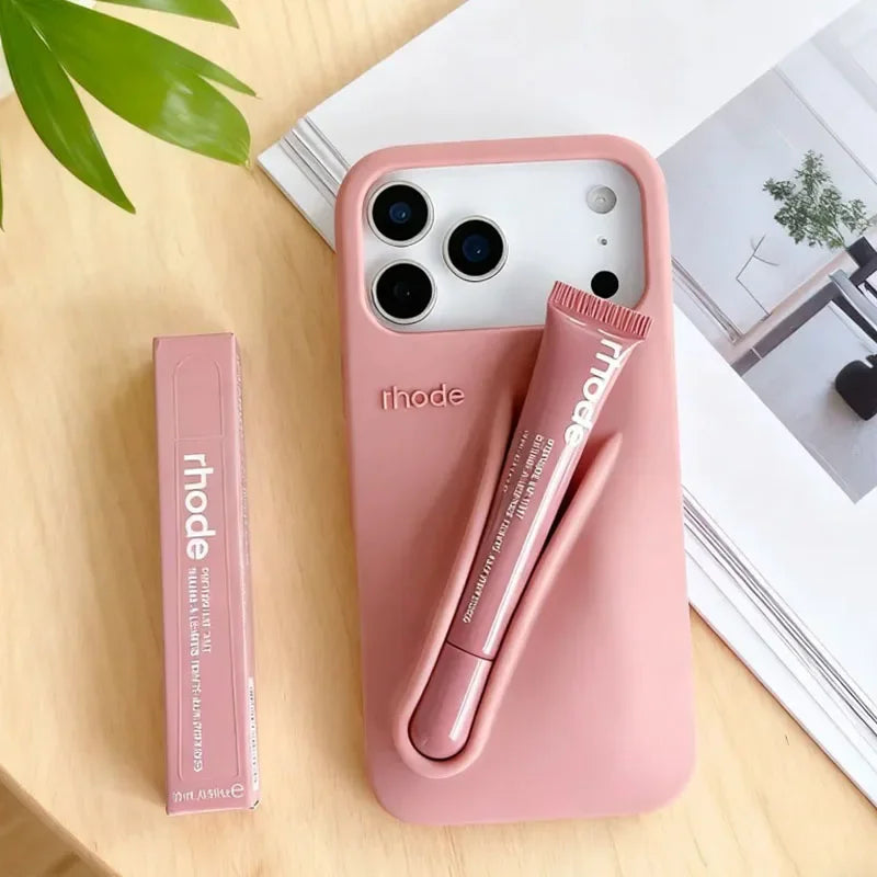 Phone Case with Box and Lipstick for IPhone 15 16 14 13 12 11 Pro Max Plus 17 Air Lip Gloss Portable Soft Silicone Shockproof