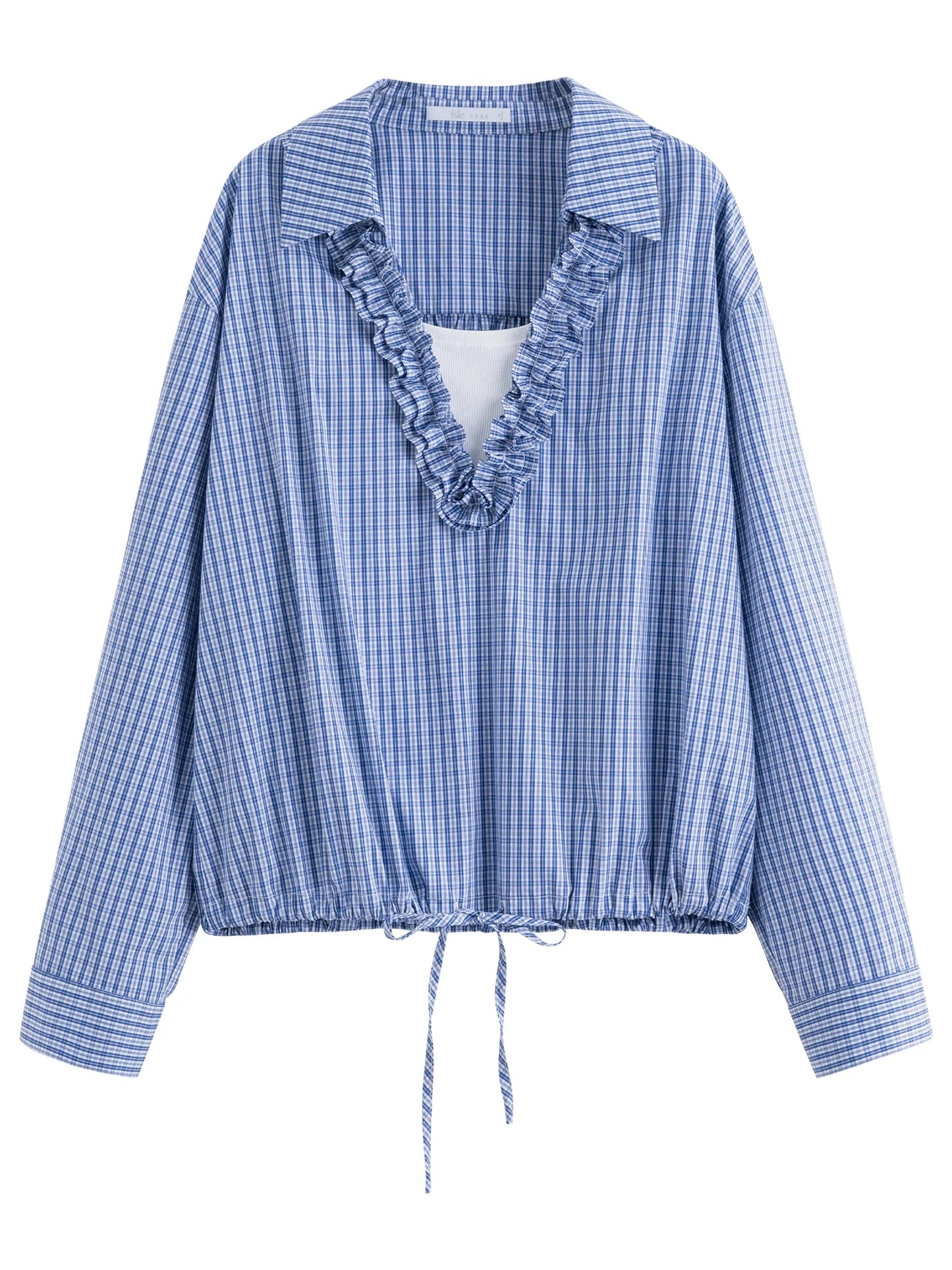 Autumn 2025 Ruffle Trim Blouse - V-Neck Long Sleeve Drawstring Tie Waist Adjustable Fit Women Casual Top