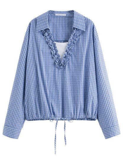 Autumn 2025 Ruffle Trim Blouse - V-Neck Long Sleeve Drawstring Tie Waist Adjustable Fit Women Casual Top
