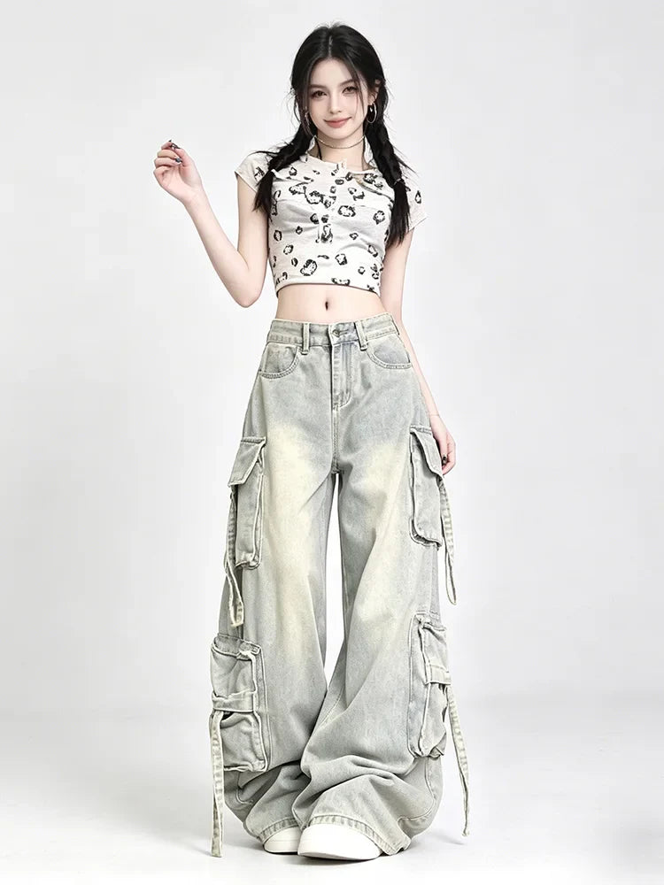 Women's Blue Multi Pocket Cowboy Pants Cargo Y2K Japanese Harajuku Streetwear Aesthetics Retro 90S Jeans Pants Clothing 2025 New