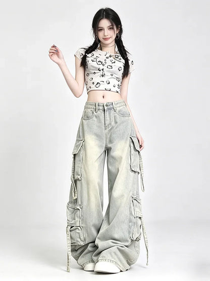 Women's Blue Multi Pocket Cowboy Pants Cargo Y2K Japanese Harajuku Streetwear Aesthetics Retro 90S Jeans Pants Clothing 2025 New