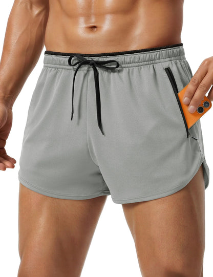 Men's Mesh Running 3" Shorts Quick Dry Lightweight Athletic Workout Gym Shorts Zipper Pockets Shorts Outdoor Fitness