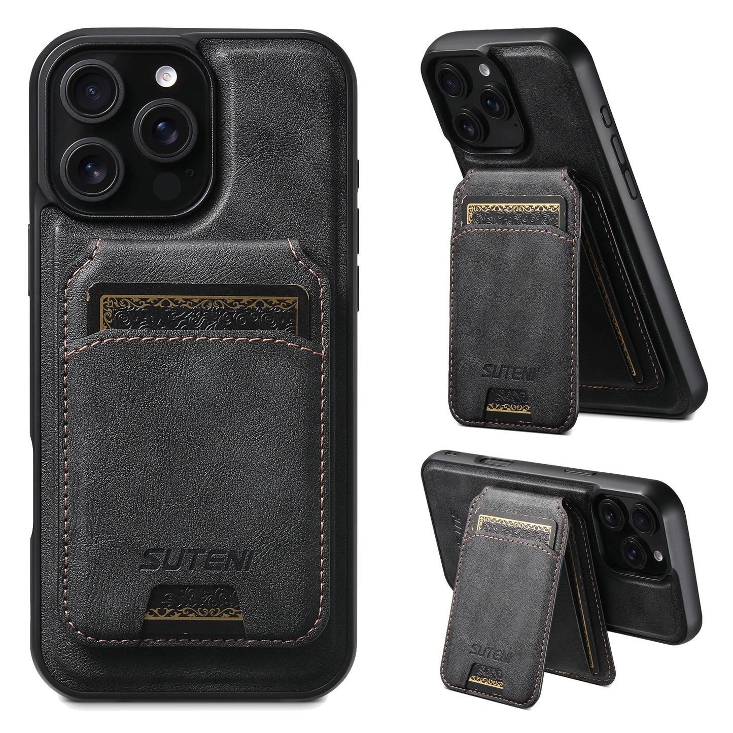 Wireless Charging Magnet PU Leather Phone Case Card Holder Stand For iPhone 17 Pro Max 16 Plus 15 Pro 13 12