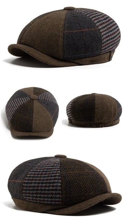 Vintage Newsboy Cap Men Herringbone Plaid Patchwork Pattern Women Beret Autumn Winter Warm Male Flat Caps Octagonal Hat Elastic