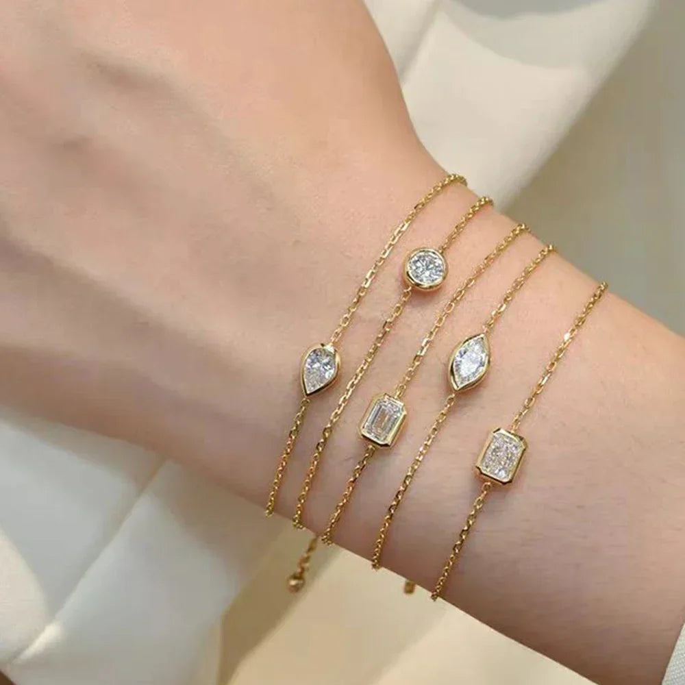 1/2CT Marquise Pear Cut Moissanite Solitaire Link Bracelet Women s925 Silver Bezel Setting Lab Diamond Bridal Wrist Chain