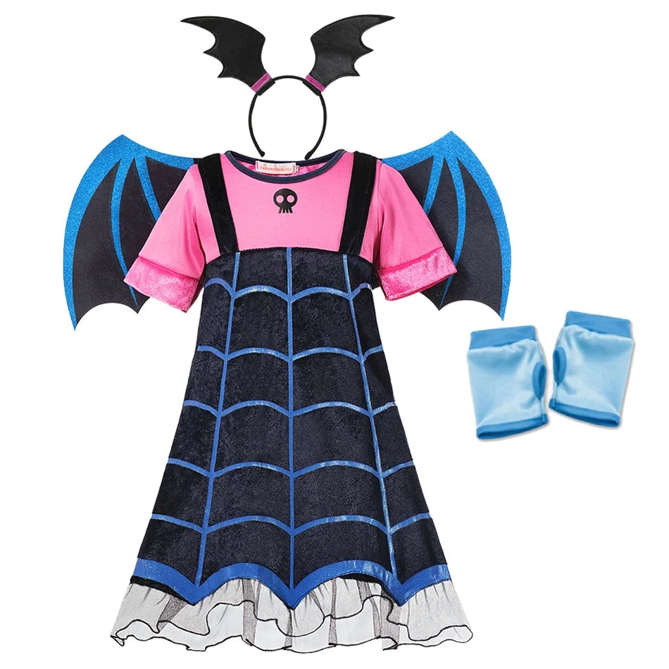 Girls Junior Vampirina TV Series Inspired Dress with Wings Little Vampire Kids Cosplay Costume Play Bat Design Halloween Apparel