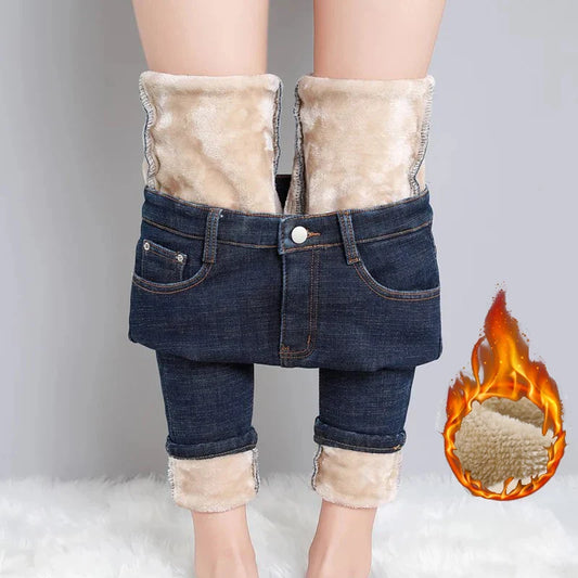 2023 Fashion Women Stretch High Waist Pencil Pants Casual Female Velvet Jeans High Quality Fleece Mom Jeans Thick Plush Pants