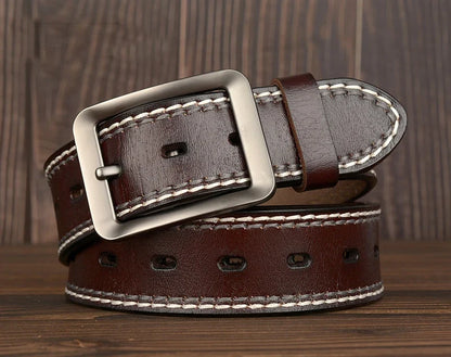3.8CM Fashion Men Belts Genuine Leather Luxury Designer Vintage Thread Waist Belt For Jeans Cinturon Cowboy Hombre Dropshipping