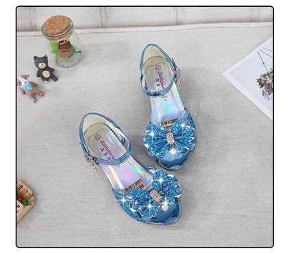 Children Princess Sandals Kids Girls Wedding Shoes High Heels Dress Shoes Bowtie Purple Pink Blue Silver Shoes For Girls