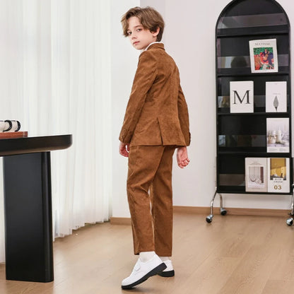 Casual Smart Children's Slim Fit Suits 4 Pieces Jacket Pants Bow-tie Brooch For Stage Performance Double Breasted Boys Tuxedo