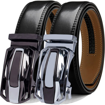 Men Belt High Quality Genuine Leather Belt Metal Alloy Automatic Buckle Brand Luxury Design Waist Belts for Men 150cm Size