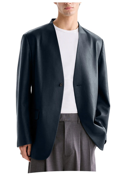 Luxury Men's PU Leather Blazer Collarless Jacket Loose 1 Button Elegant Solid Color Coat for Party Wedding Office Daily Wear