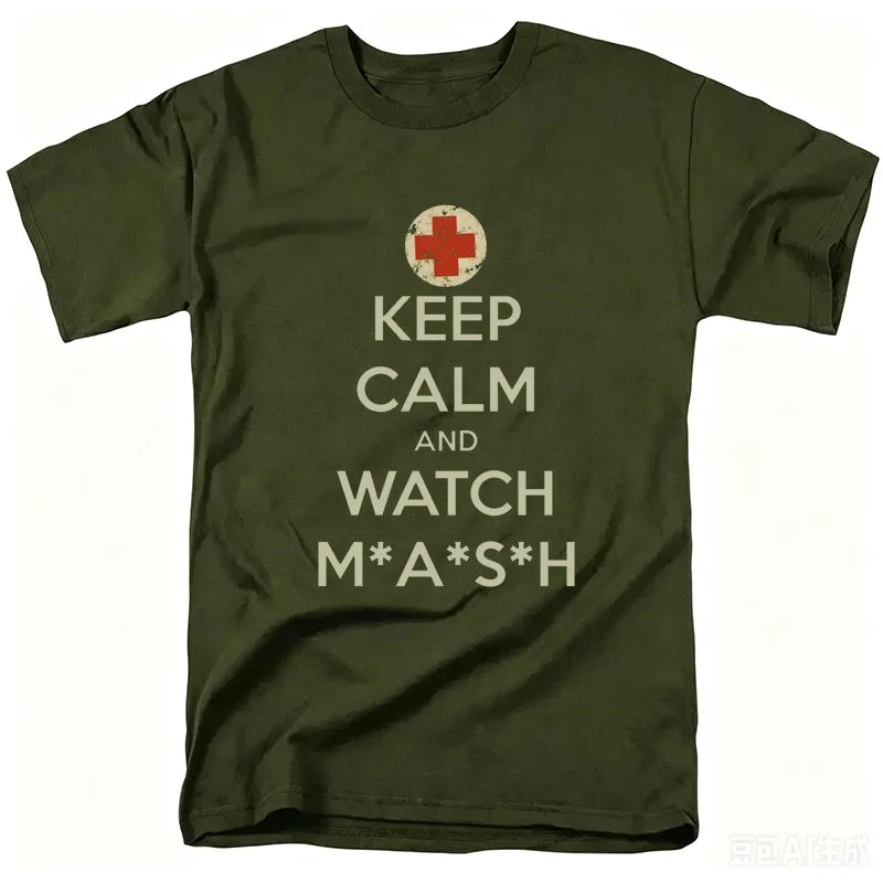 Mash Distressed Logo T Shirt Mens 4077 Licensed Classic TV Show Militarryy Green2026 High quality Brand Casual