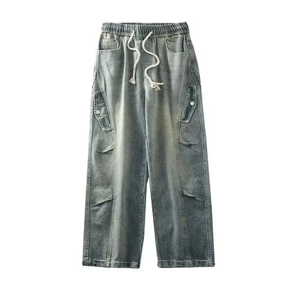 Korean High Street Retro Men'S Jeans Pleated Patchwork Paratroopers Autumn And Winter Loose Casual Straight Leg Pants